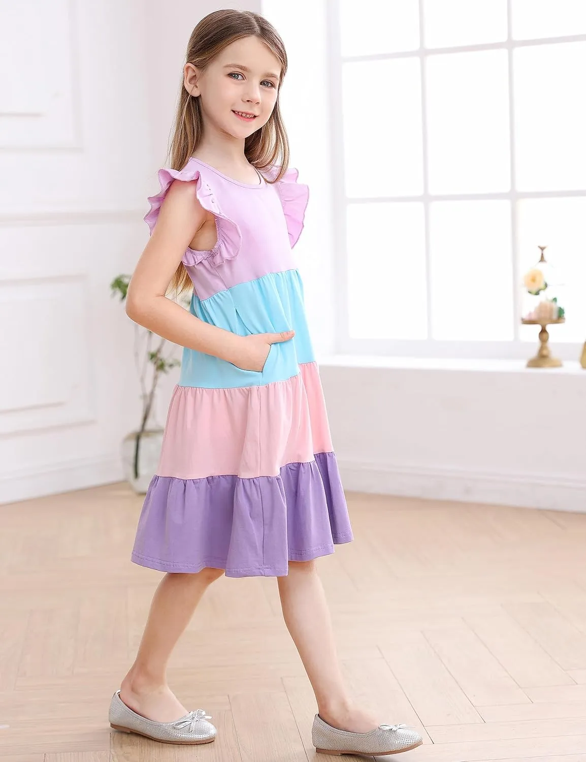 KISSOURBABY Girl's Summer Dresses Cotton Ruffled Sleeves Tiered Swing Sundress with Pockets