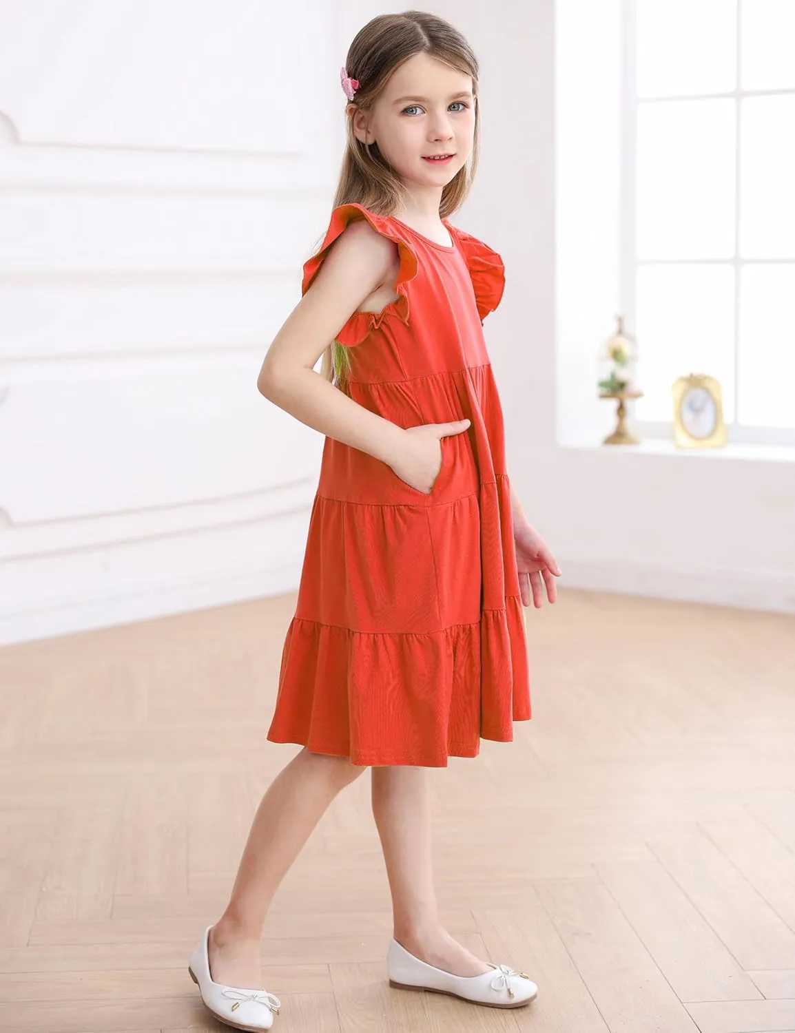 KISSOURBABY Girl's Summer Dresses Cotton Ruffled Sleeves Tiered Swing Sundress with Pockets