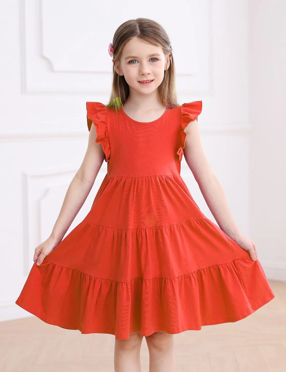 KISSOURBABY Girl's Summer Dresses Cotton Ruffled Sleeves Tiered Swing Sundress with Pockets