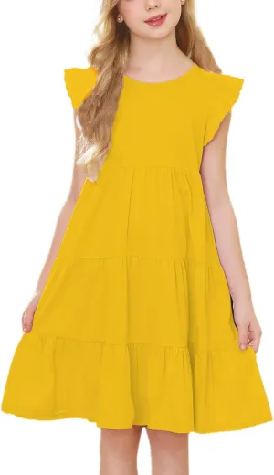 KISSOURBABY Girl's Summer Dresses Cotton Ruffled Sleeves Tiered Swing Sundress with Pockets