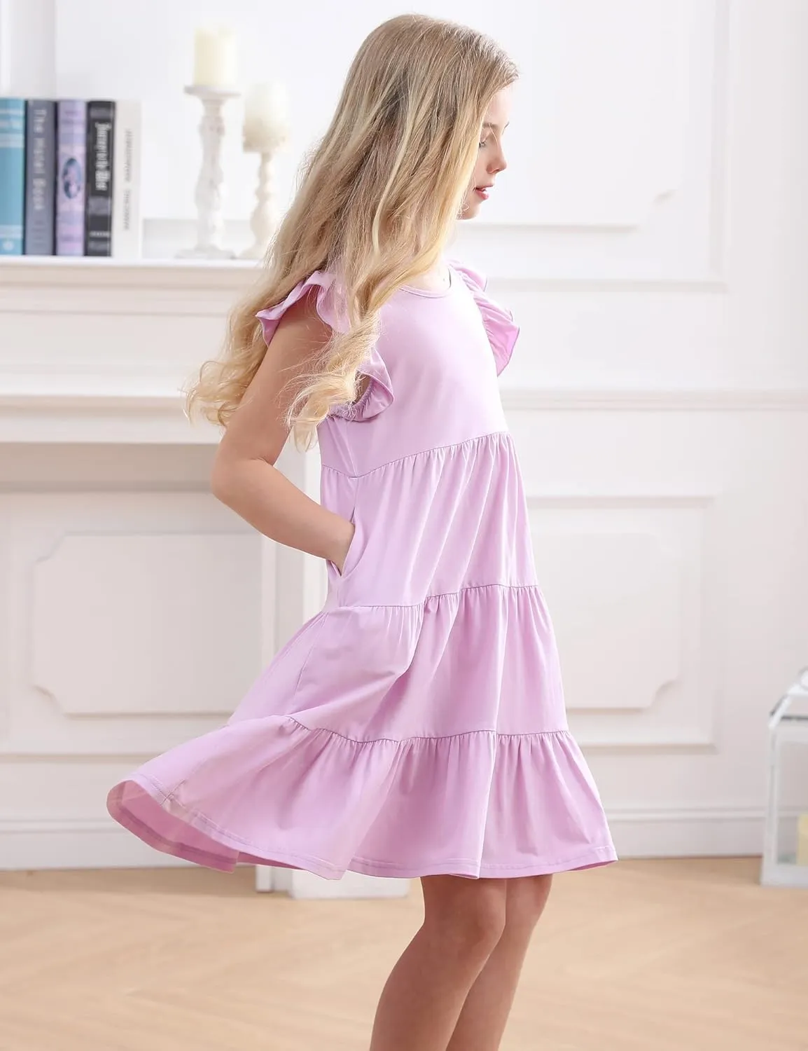 KISSOURBABY Girl's Summer Dresses Cotton Ruffled Sleeves Tiered Swing Sundress with Pockets