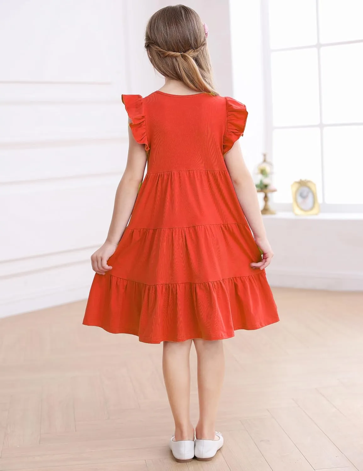 KISSOURBABY Girl's Summer Dresses Cotton Ruffled Sleeves Tiered Swing Sundress with Pockets