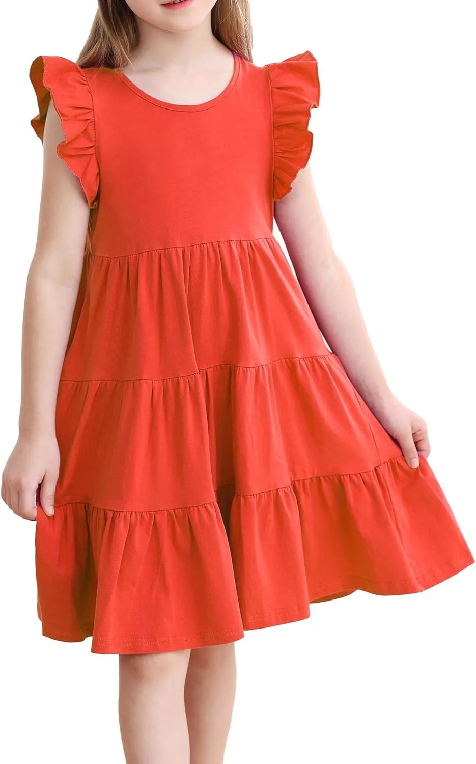 KISSOURBABY Girl's Summer Dresses Cotton Ruffled Sleeves Tiered Swing Sundress with Pockets