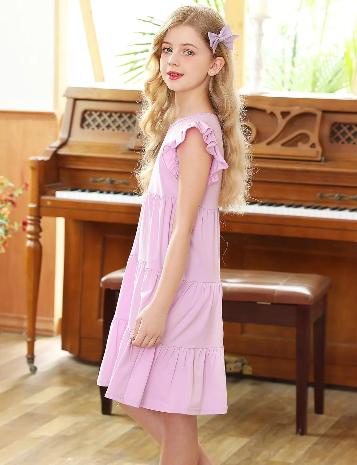 KISSOURBABY Girl's Summer Dresses Cotton Ruffled Sleeves Tiered Swing Sundress with Pockets