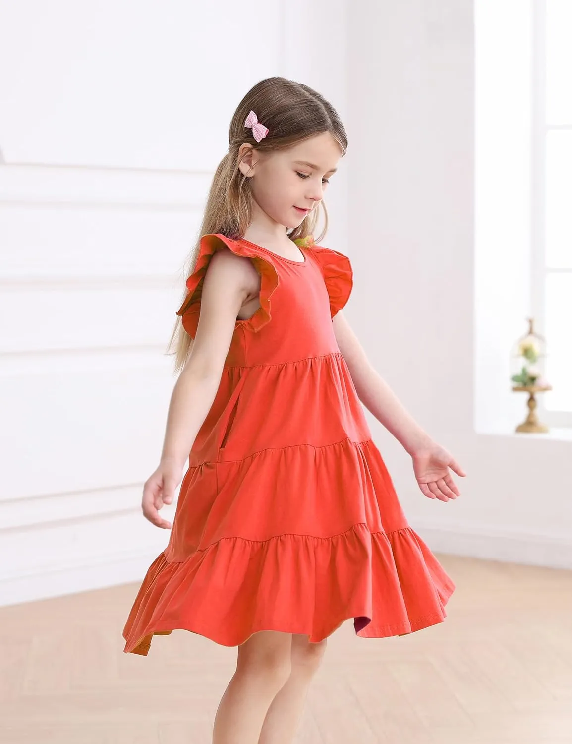 KISSOURBABY Girl's Summer Dresses Cotton Ruffled Sleeves Tiered Swing Sundress with Pockets