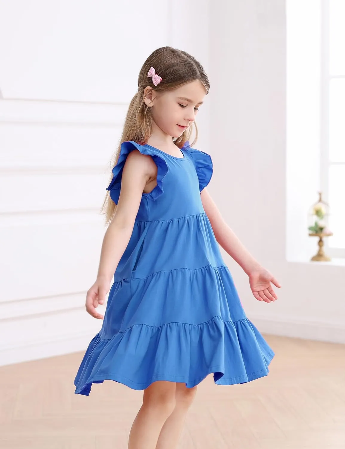 KISSOURBABY Girl's Summer Dresses Cotton Ruffled Sleeves Tiered Swing Sundress with Pockets