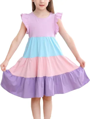 KISSOURBABY Girl's Summer Dresses Cotton Ruffled Sleeves Tiered Swing Sundress with Pockets