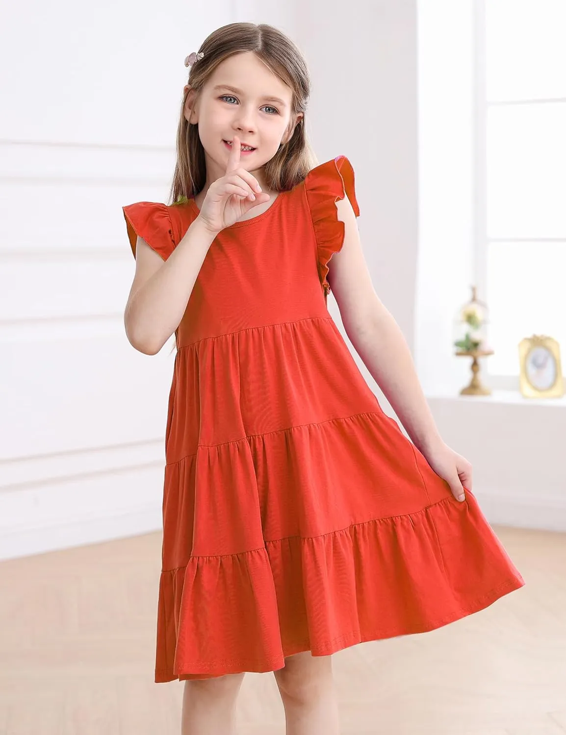 KISSOURBABY Girl's Summer Dresses Cotton Ruffled Sleeves Tiered Swing Sundress with Pockets