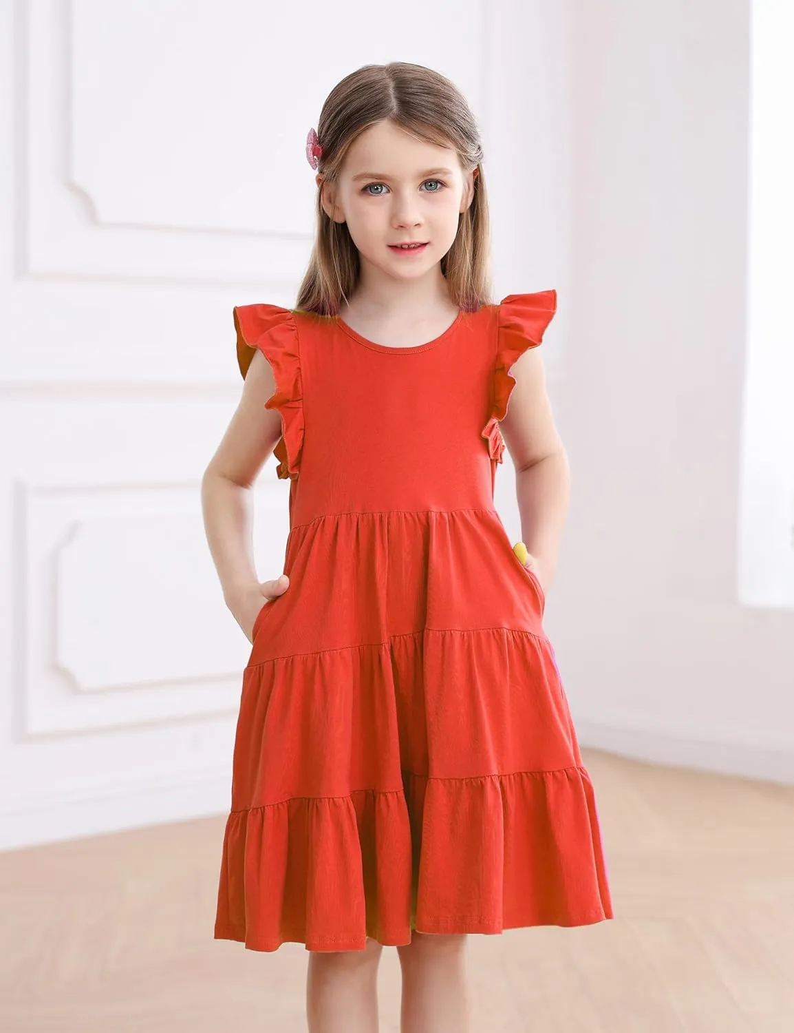 KISSOURBABY Girl's Summer Dresses Cotton Ruffled Sleeves Tiered Swing Sundress with Pockets