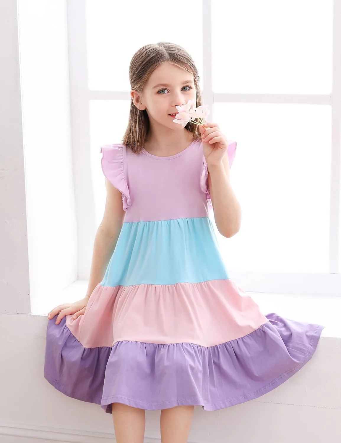KISSOURBABY Girl's Summer Dresses Cotton Ruffled Sleeves Tiered Swing Sundress with Pockets