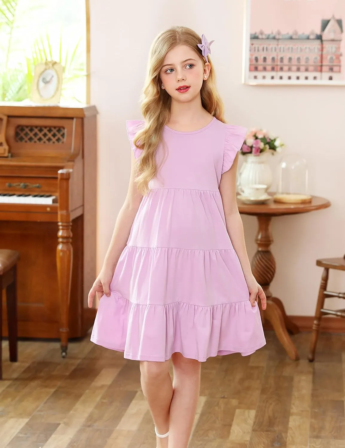 KISSOURBABY Girl's Summer Dresses Cotton Ruffled Sleeves Tiered Swing Sundress with Pockets