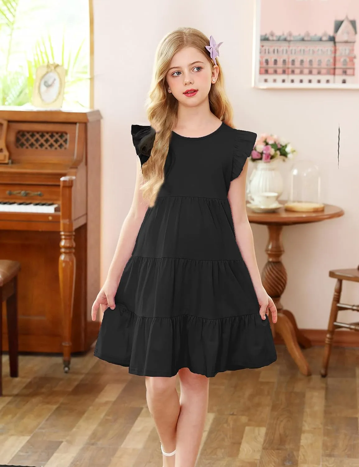 KISSOURBABY Girl's Summer Dresses Cotton Ruffled Sleeves Tiered Swing Sundress with Pockets