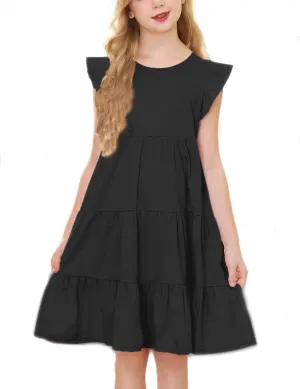 KISSOURBABY Girl's Summer Dresses Cotton Ruffled Sleeves Tiered Swing Sundress with Pockets