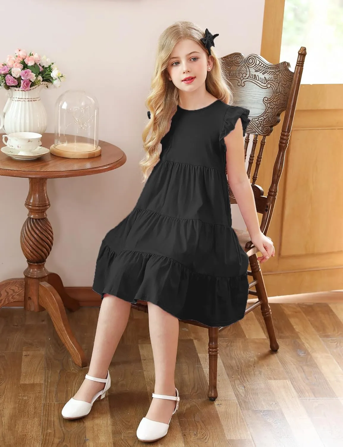 KISSOURBABY Girl's Summer Dresses Cotton Ruffled Sleeves Tiered Swing Sundress with Pockets