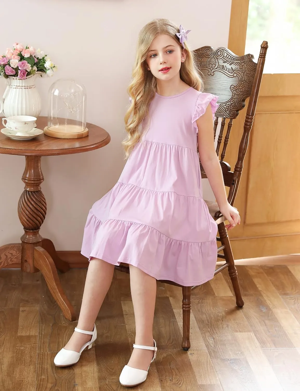 KISSOURBABY Girl's Summer Dresses Cotton Ruffled Sleeves Tiered Swing Sundress with Pockets