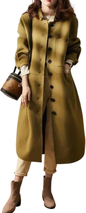 Kwoki Women's Long Wool Blend Peacoat Lapel Collar Long Sleeve Single Breasted Outwear Trench Coat