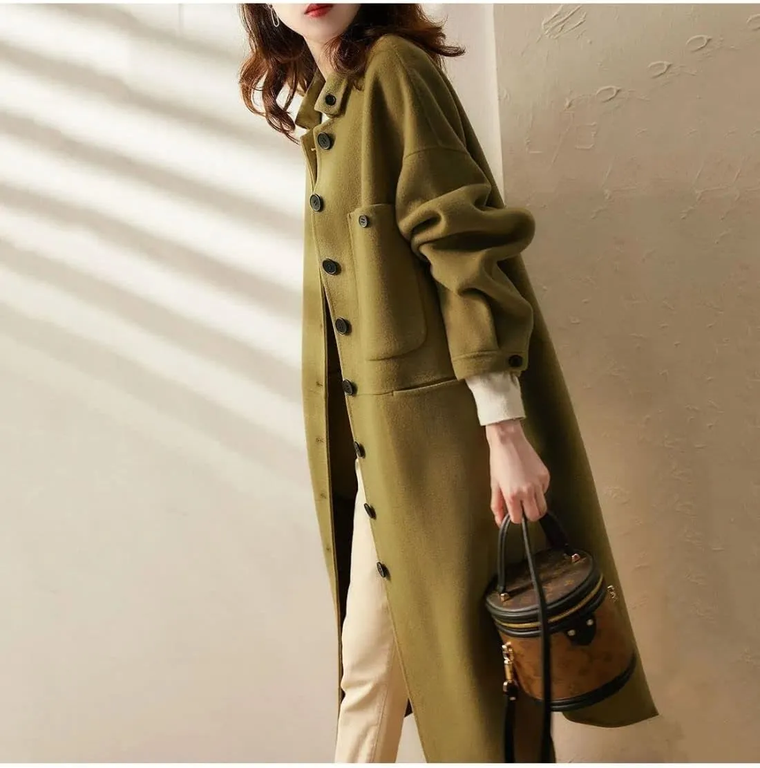 Kwoki Women's Long Wool Blend Peacoat Lapel Collar Long Sleeve Single Breasted Outwear Trench Coat