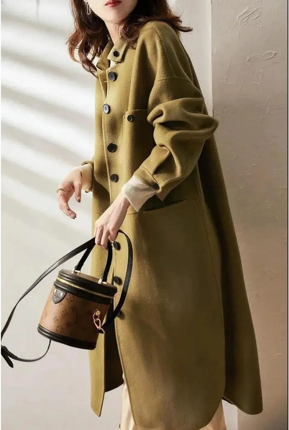 Kwoki Women's Long Wool Blend Peacoat Lapel Collar Long Sleeve Single Breasted Outwear Trench Coat
