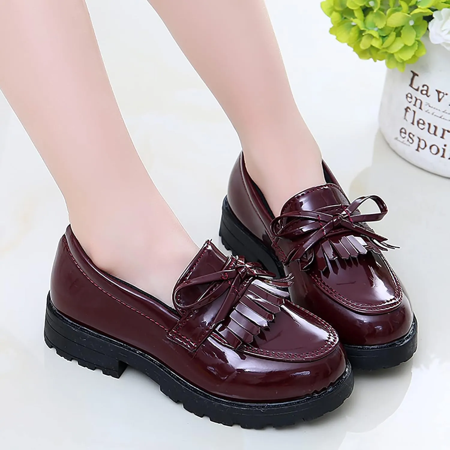 Little Girl Slip On Leather Loafer Tassel Bow School Dress Non-slip Shoes For Girls Toddler Boy