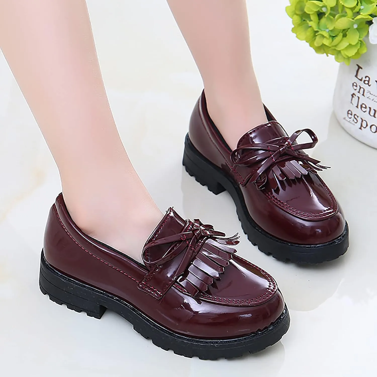 Little Girl Slip On Leather Loafer Tassel Bow School Dress Non-slip Shoes For Girls Toddler Boy
