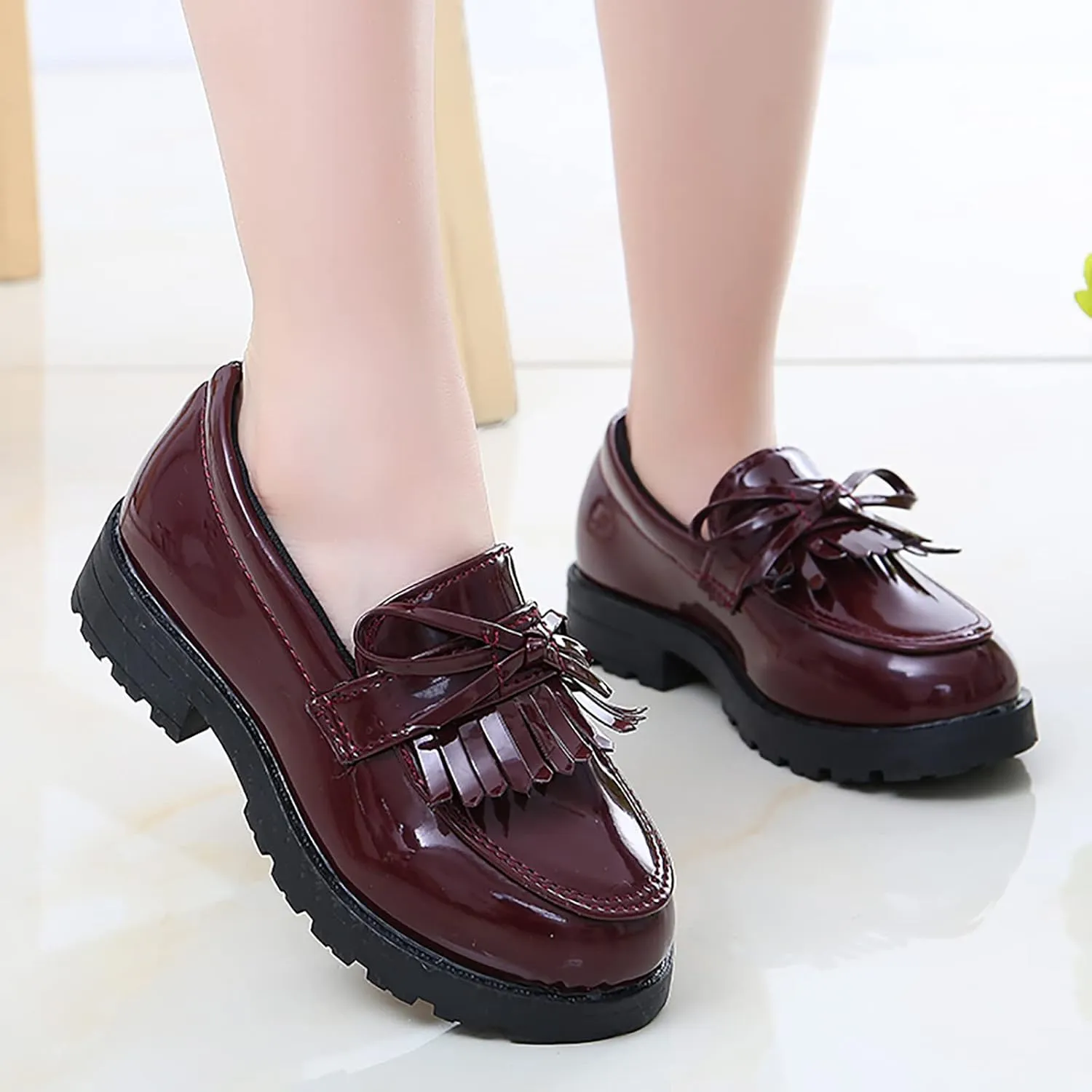 Little Girl Slip On Leather Loafer Tassel Bow School Dress Non-slip Shoes For Girls Toddler Boy