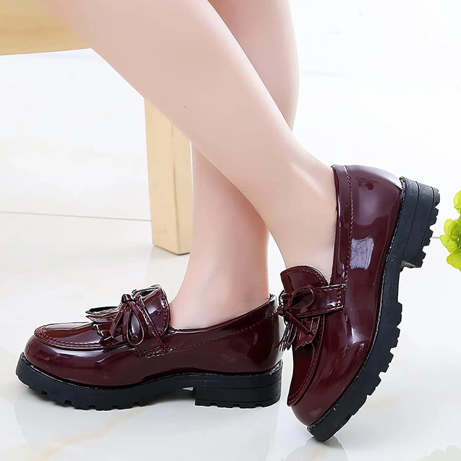 Little Girl Slip On Leather Loafer Tassel Bow School Dress Non-slip Shoes For Girls Toddler Boy