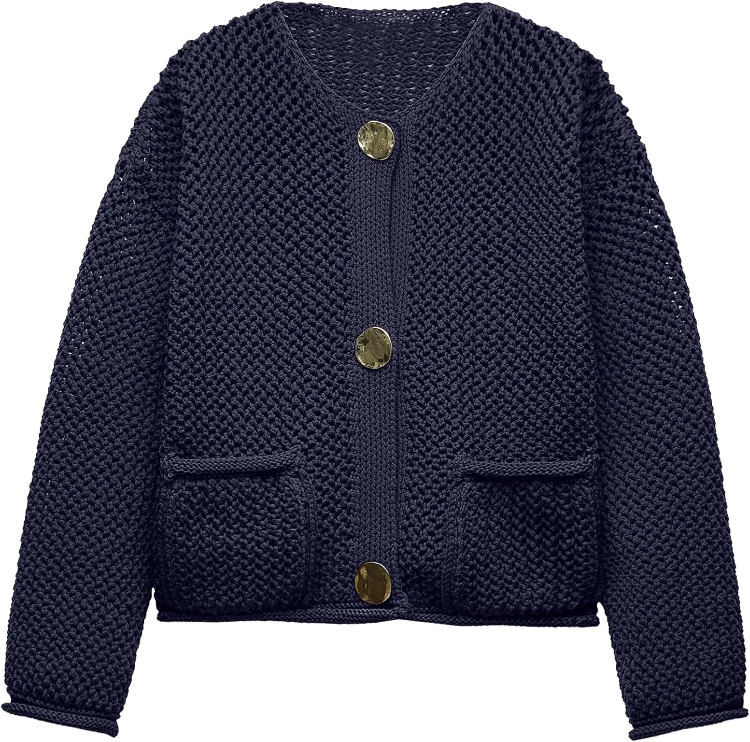 Locachy Women's Crochet Chunky Knit Sweater Cardigan Trendy Crewneck Gold Button Down Sweater