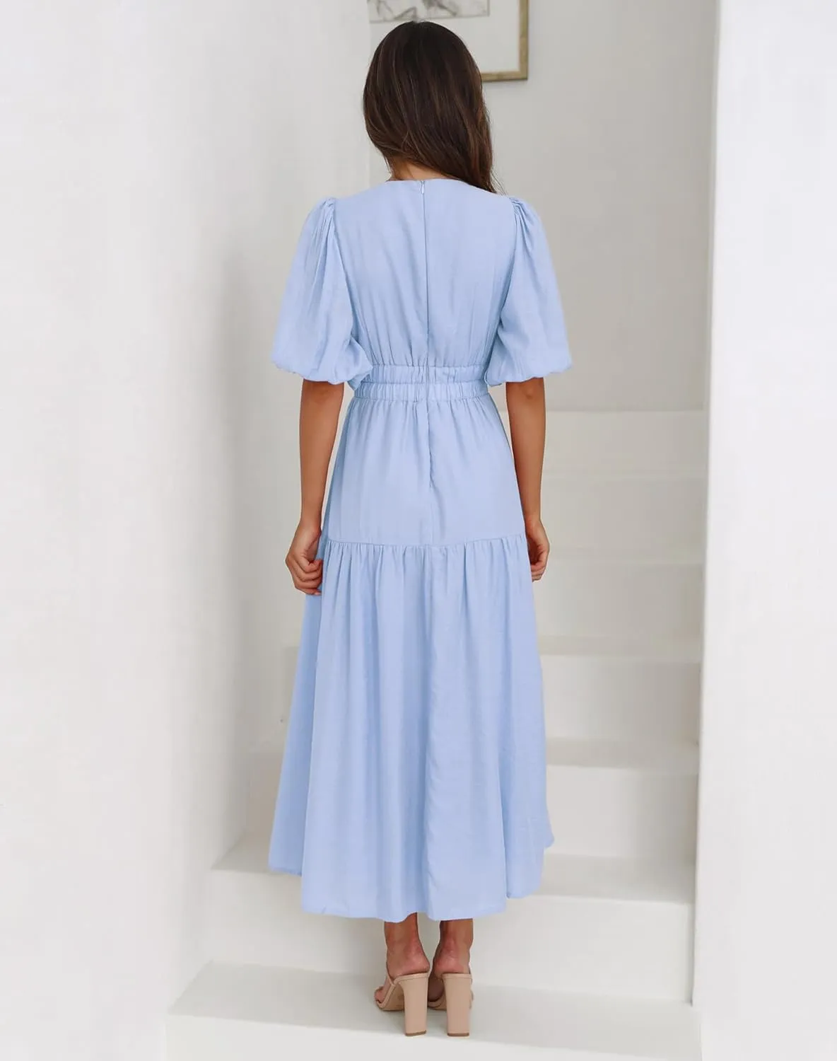 Lucrosun Women's Summer V Neck Short Puff Sleeve A Line Tiered Midi Dress