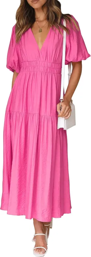 Lucrosun Women's Summer V Neck Short Puff Sleeve A Line Tiered Midi Dress