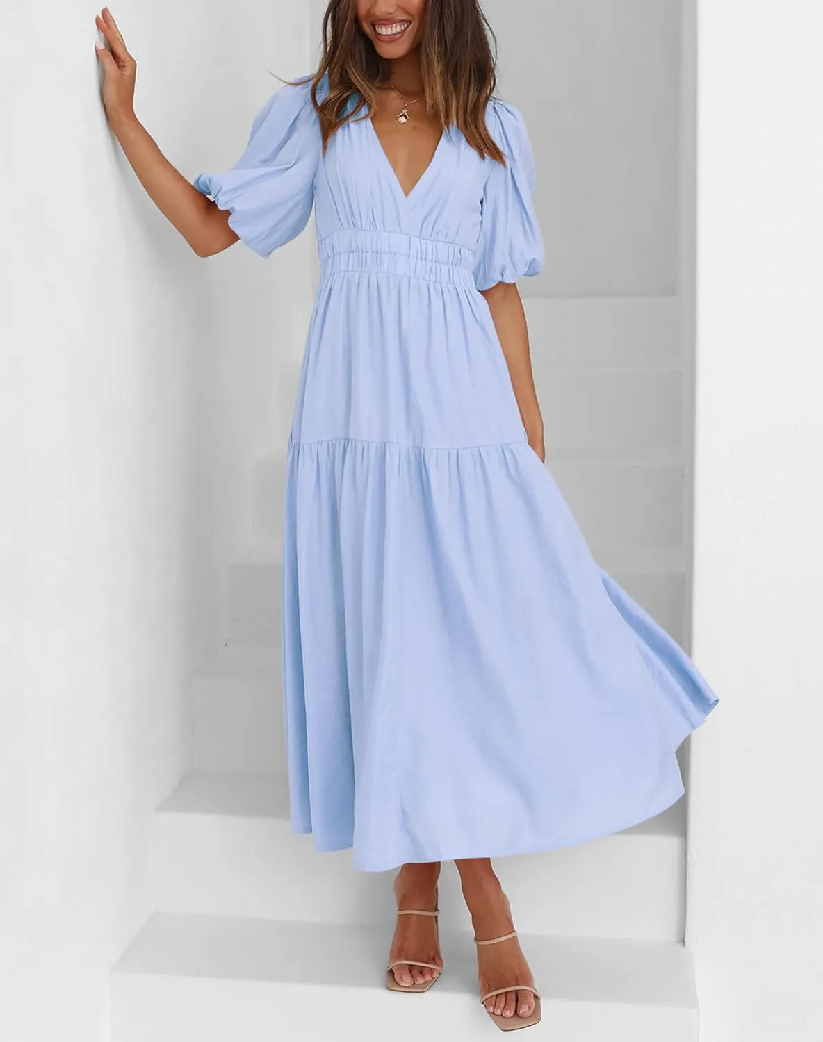 Lucrosun Women's Summer V Neck Short Puff Sleeve A Line Tiered Midi Dress