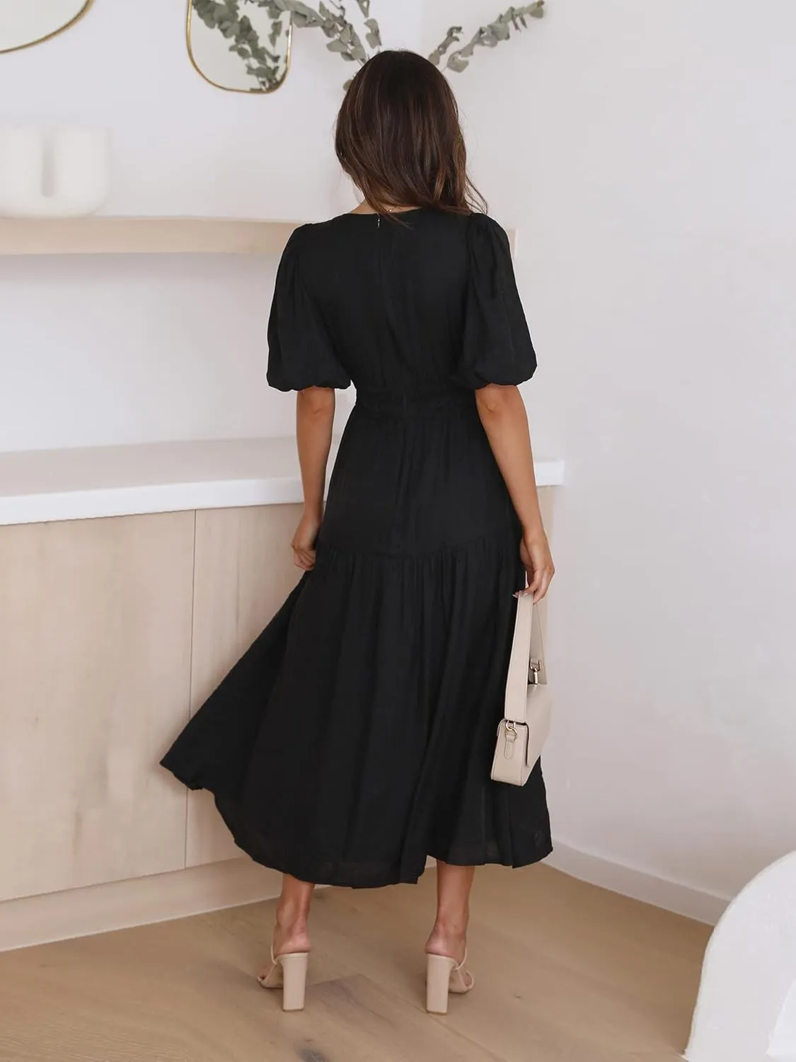 Lucrosun Women's Summer V Neck Short Puff Sleeve A Line Tiered Midi Dress