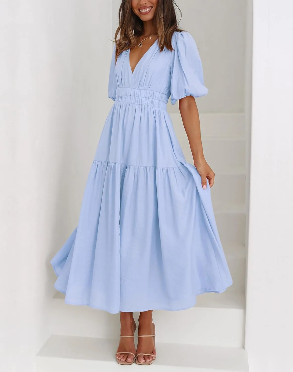 Lucrosun Women's Summer V Neck Short Puff Sleeve A Line Tiered Midi Dress