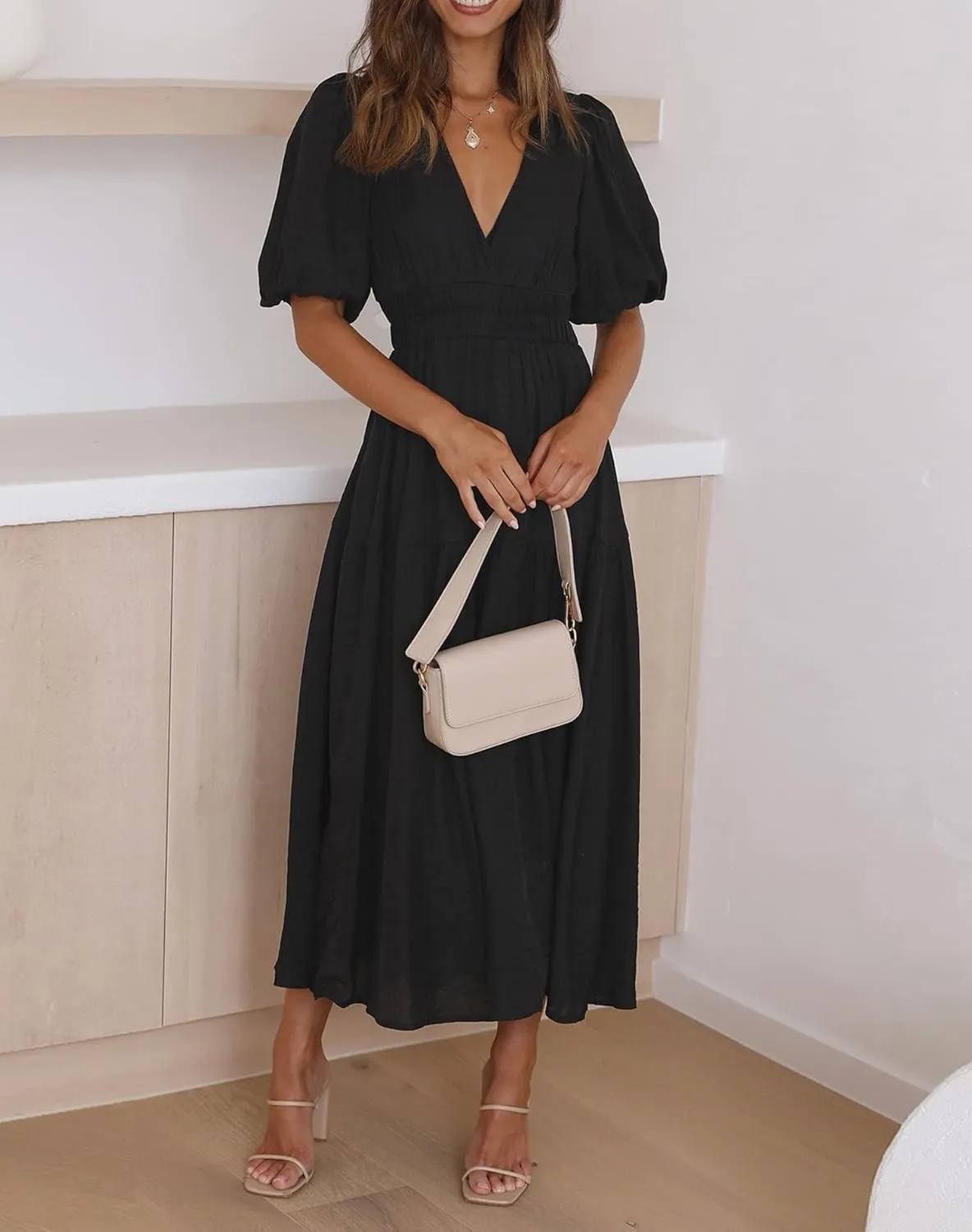 Lucrosun Women's Summer V Neck Short Puff Sleeve A Line Tiered Midi Dress