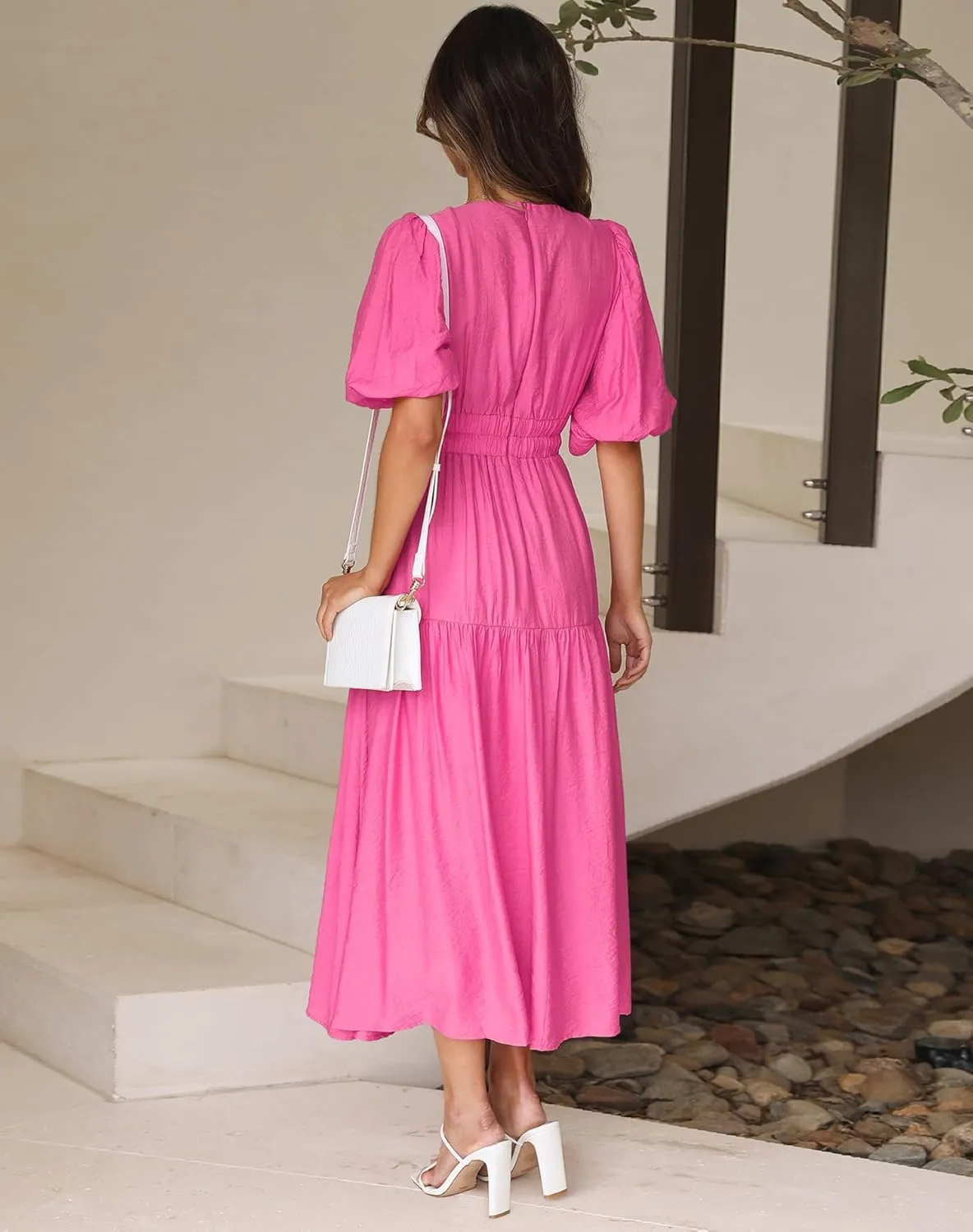 Lucrosun Women's Summer V Neck Short Puff Sleeve A Line Tiered Midi Dress