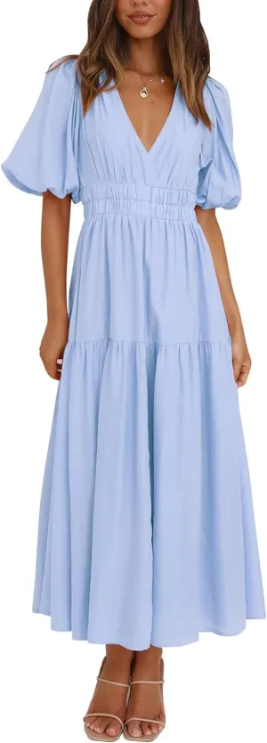 Lucrosun Women's Summer V Neck Short Puff Sleeve A Line Tiered Midi Dress
