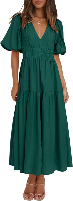 Lucrosun Women's Summer V Neck Short Puff Sleeve A Line Tiered Midi Dress
