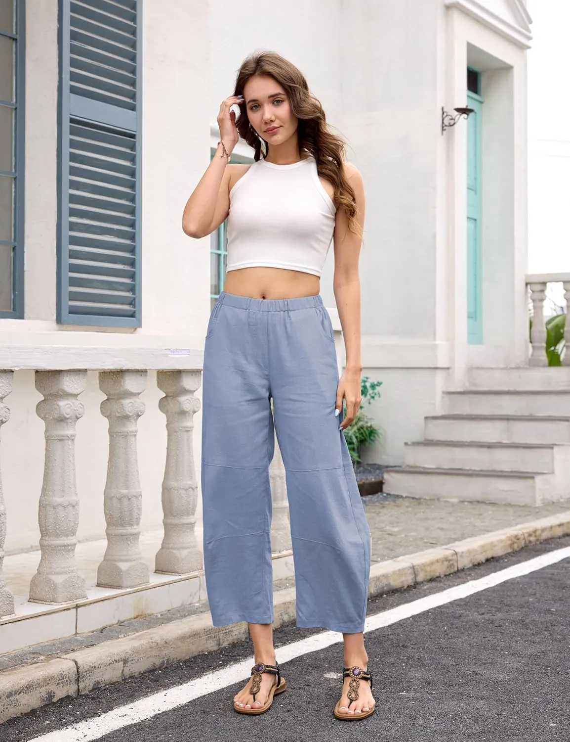 Lviefent Womens Wide Leg Barrel Pants Casual Baggy Elastic Waist Linen Ankle Length Trouser with Pockets
