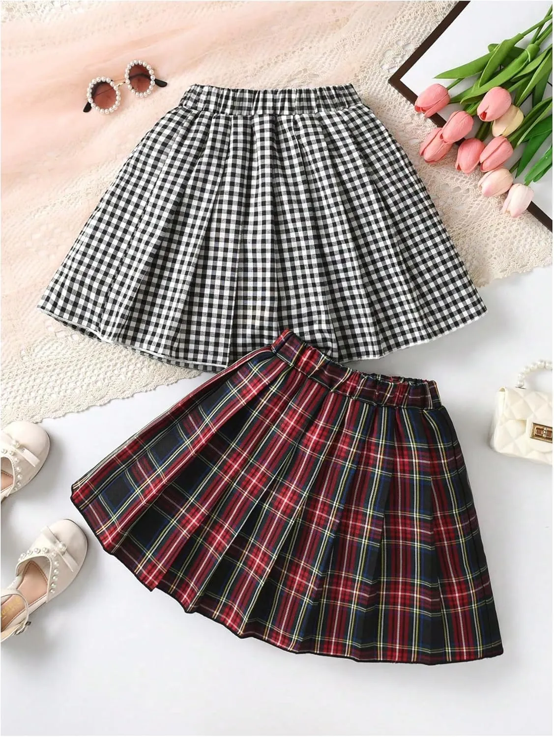 MakeMeChic Baby Girls 2 Pack Plaid High Waisted Mini Skirts JK Pleated Skirt 4-7Y