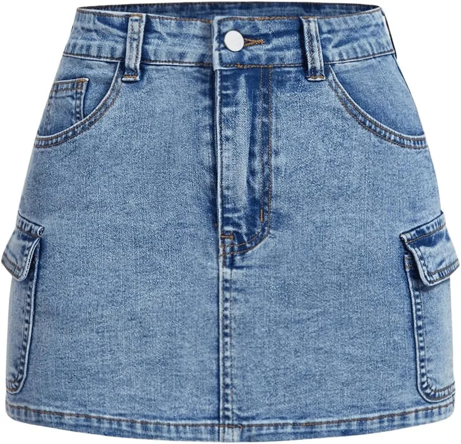 MakeMeChic Women's Casual Bodycon Washed Denim Skirt Button Front Zip Fly Mini Skirts with Flap Pocket