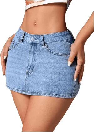 MakeMeChic Women's Denim Mini Skirt Button Front Skinny Y2K Jean Skirts with Pocket