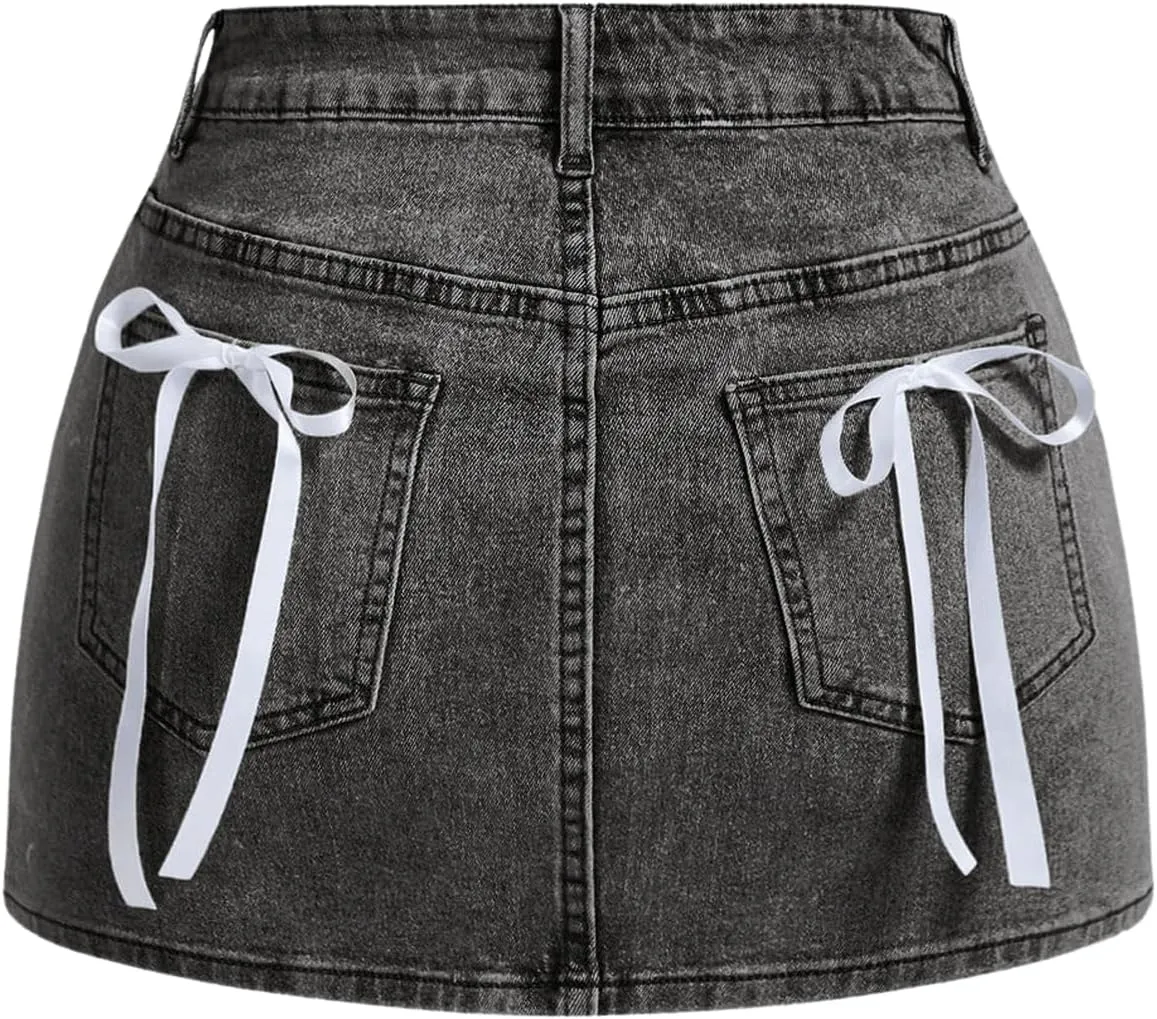 MakeMeChic Women's Denim Skirt High Waist Bow Pocket Bodycon Y2K Mini Jean Skirts