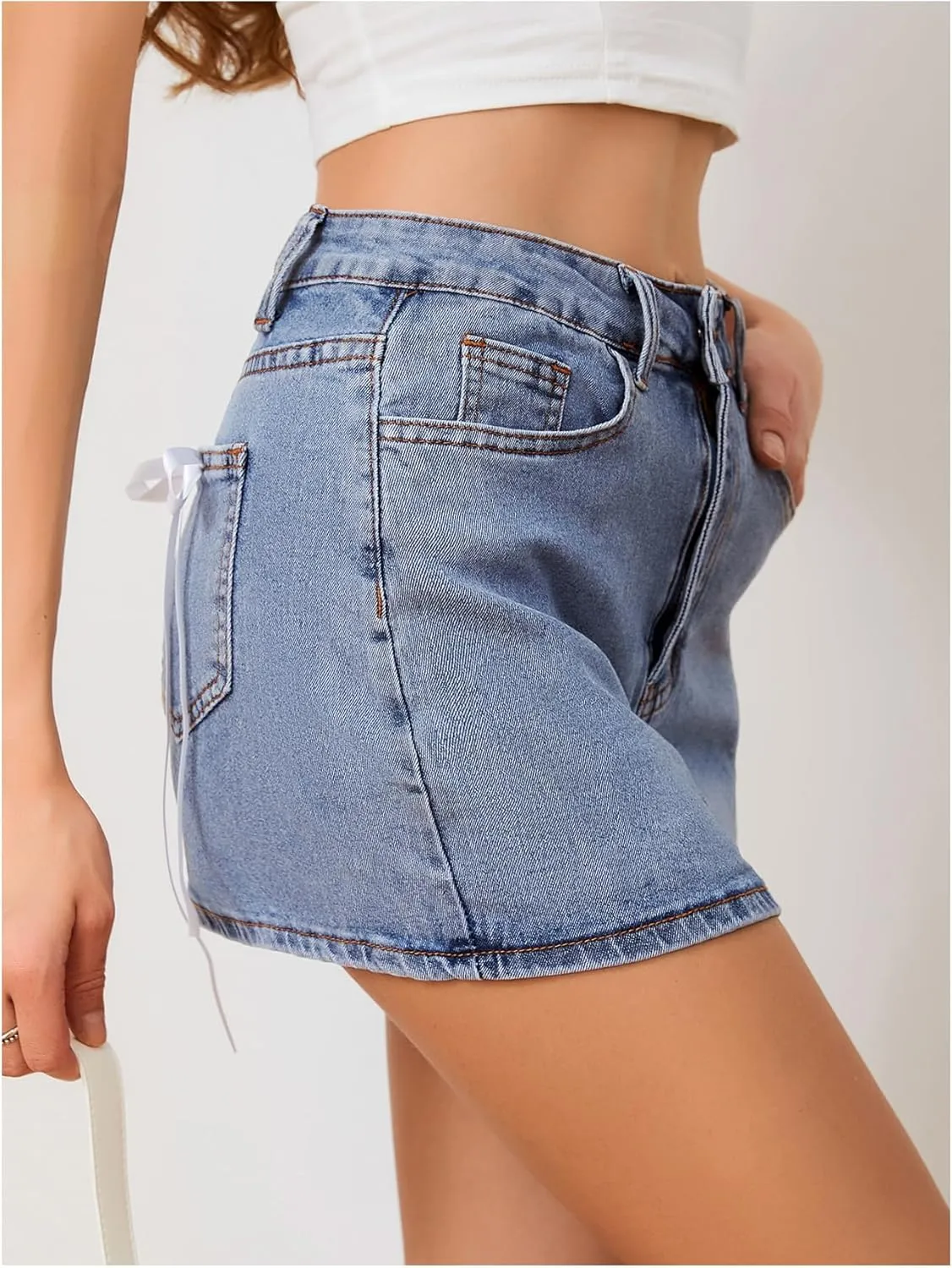 MakeMeChic Women's Denim Skirt High Waist Bow Pocket Bodycon Y2K Mini Jean Skirts