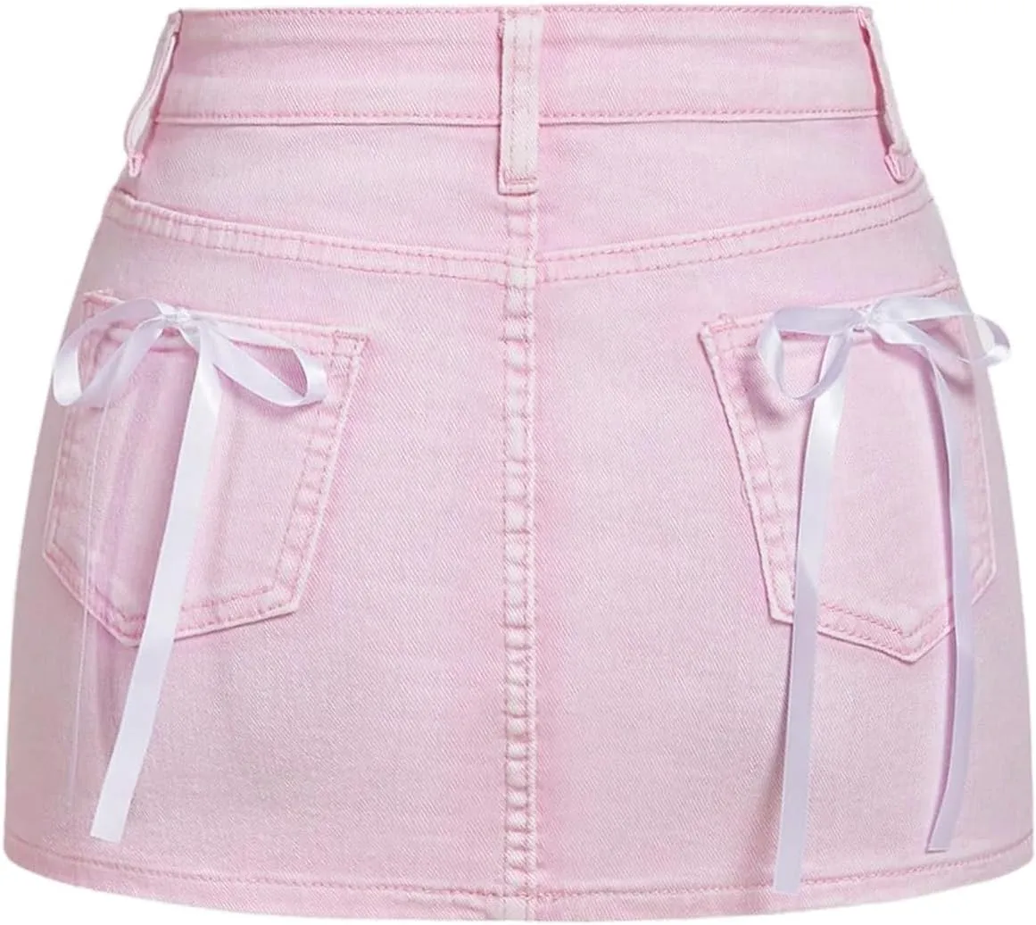 MakeMeChic Women's Denim Skirt High Waist Bow Pocket Bodycon Y2K Mini Jean Skirts