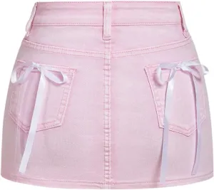 MakeMeChic Women's Denim Skirt High Waist Bow Pocket Bodycon Y2K Mini Jean Skirts