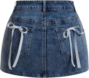 MakeMeChic Women's Denim Skirt High Waist Bow Pocket Bodycon Y2K Mini Jean Skirts