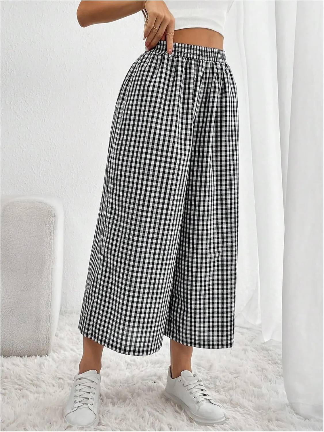 MakeMeChic Women's Plaid Print Elastic Waist Wide Leg Loose Fit Cropped Pants Trousers