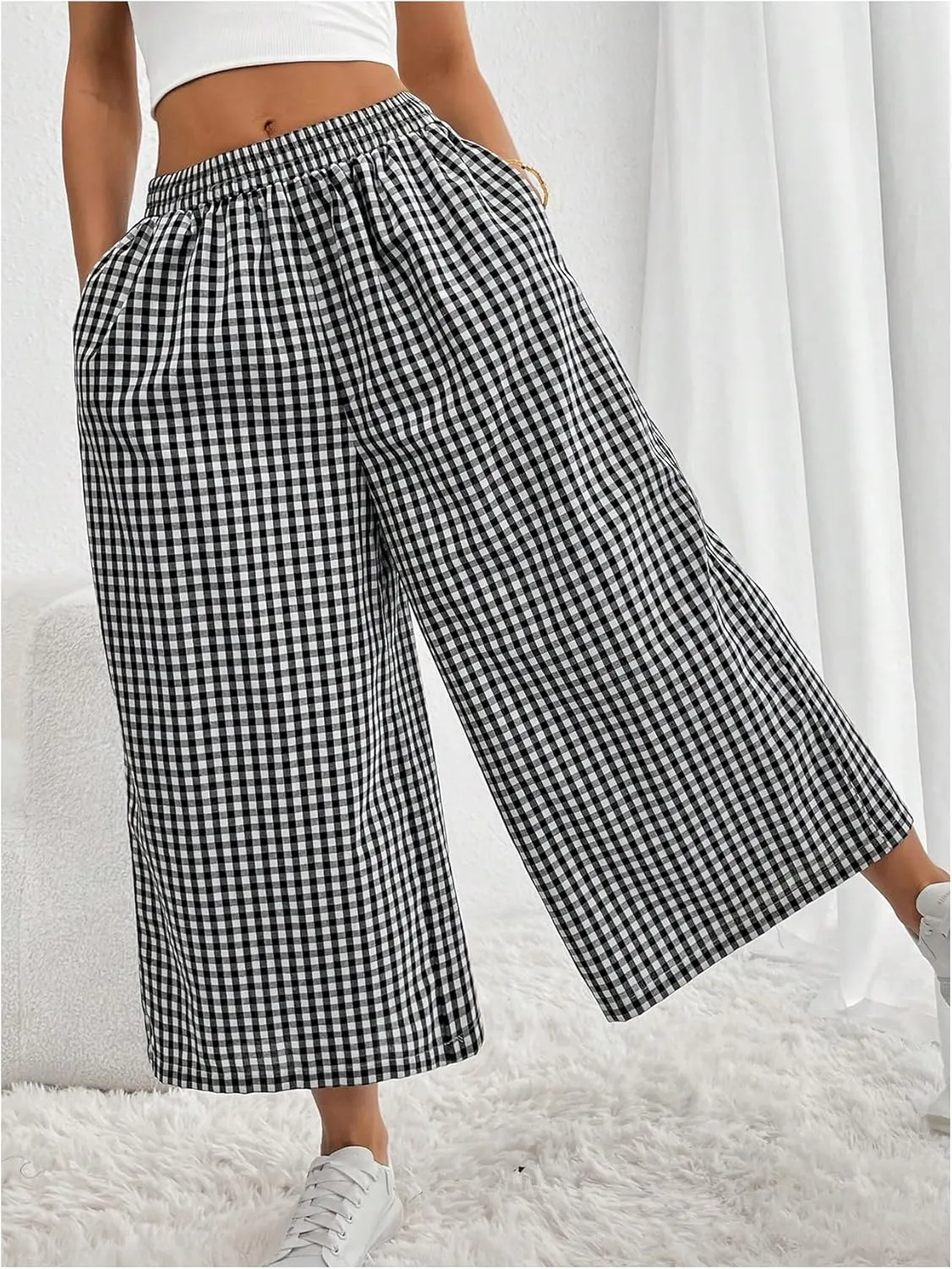 MakeMeChic Women's Plaid Print Elastic Waist Wide Leg Loose Fit Cropped Pants Trousers