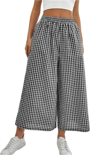 MakeMeChic Women's Plaid Print Elastic Waist Wide Leg Loose Fit Cropped Pants Trousers