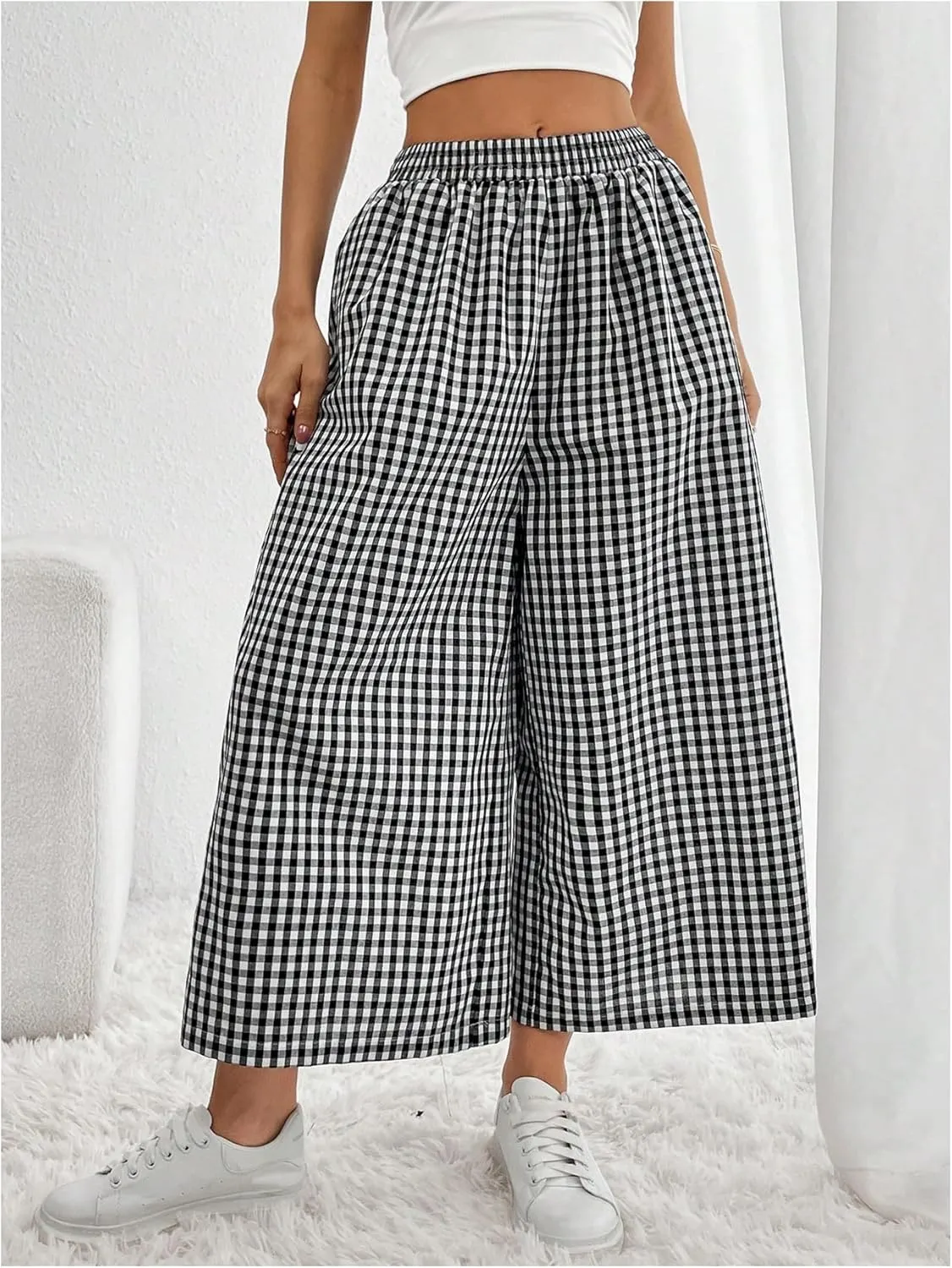 MakeMeChic Women's Plaid Print Elastic Waist Wide Leg Loose Fit Cropped Pants Trousers