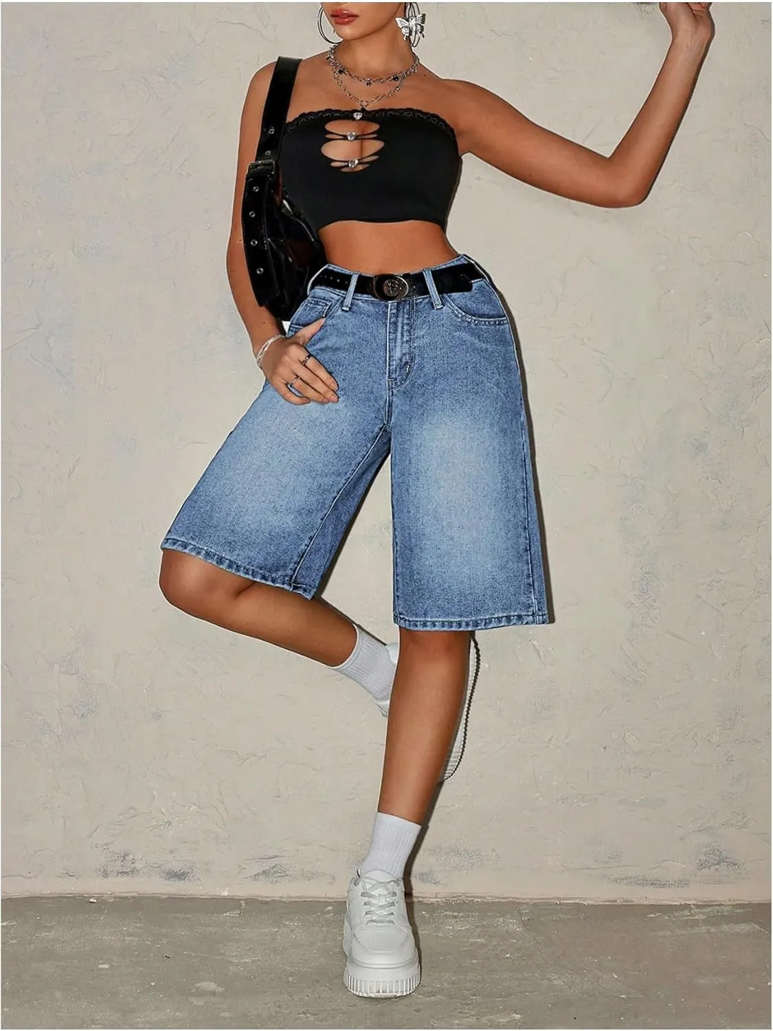 MakeMeChic Women's Y2k Straight Leg Denim Shorts High Waisted Zip Up Knee Length Vintage Casual Jean Shorts